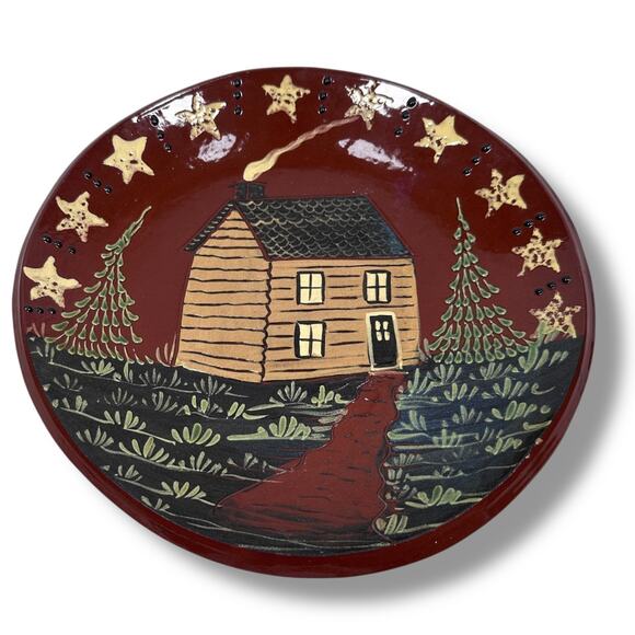 Vintage Eldreth Pottery Redware Plate Brown House Stars Trees Signed Glaze 2000 - Picture 1 of 6